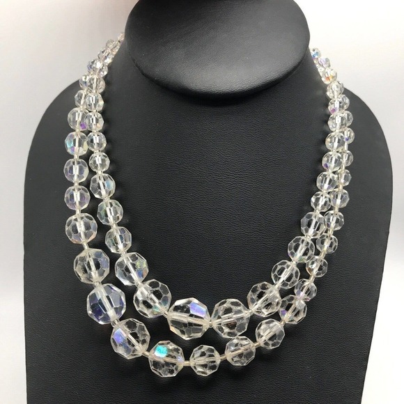 Vintage Clear AB Aurora Borealis Crystal Graduated Double Strand Necklace - Picture 4 of 7